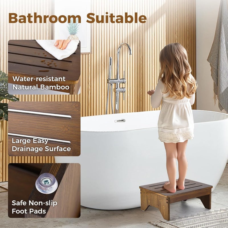 StrongTek Bamboo Bed Step Stool for Adults & Kids – Wide 16" Platform, 300 lbs Capacity, Non-Slip Drainage Surface, 6.5" Height Safe Bedside Stool, Bathroom Shower Step & Office Foot Rest (Brown) - Image 3